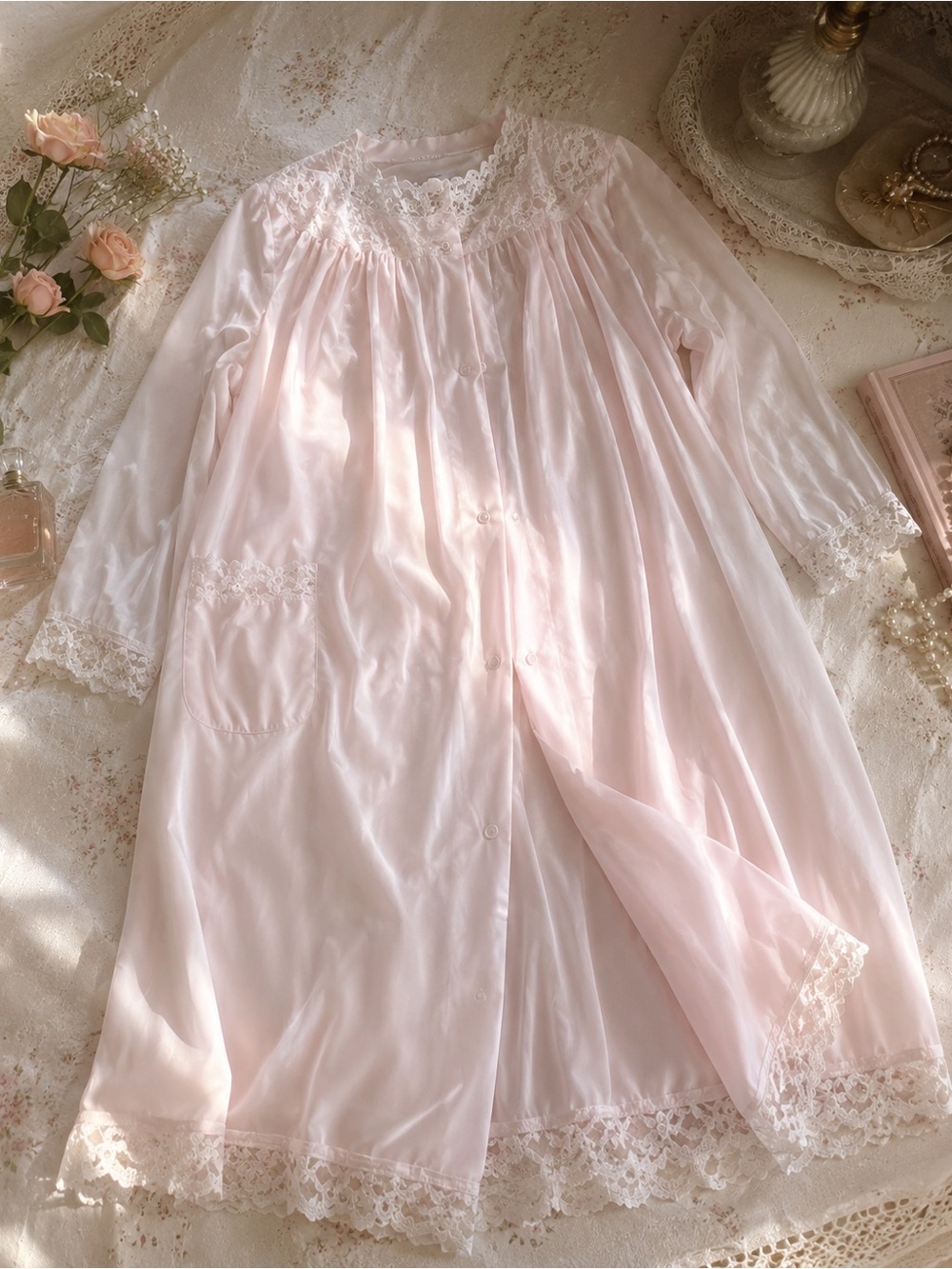 VTG Shadowline 3 Piece Pink Nightgown Set Nylon Lace Large Cottagecore Coquette